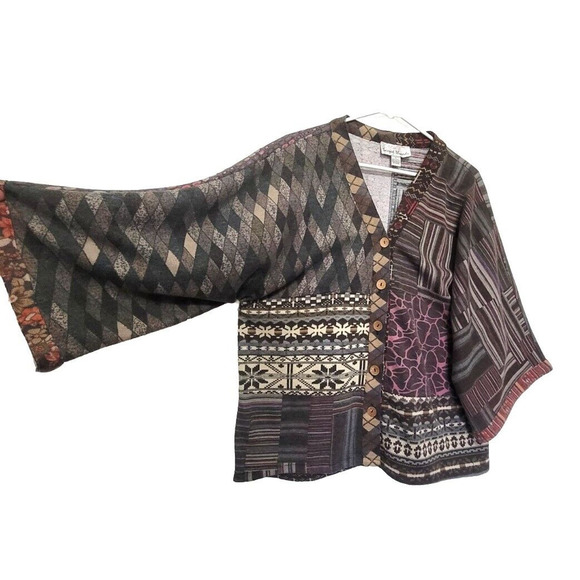Sacred Threads Patchwork Button Down Sweater Womens Size L Boho Wide Sleeves - Picture 3 of 8